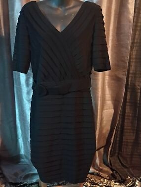 Adrianna Papell Black V-Neck Textured Midi Dress